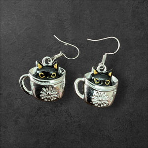 Silver & Black Cat in Cup Dangle Earrings Halloween